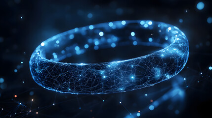 Fototapete - Futuristic glowing blue ring floats against a dark backdrop, creating depth with blurred blue and orange lights. The interconnected network exudes technology. Abstract wireframe in dark blue.