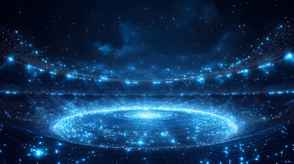 Poster - Futuristic blue stadium with concentric light rings emanates technological power. Grid and star accents create a virtual space. A visually striking, modern structure. Abstract wireframe in dark blue.