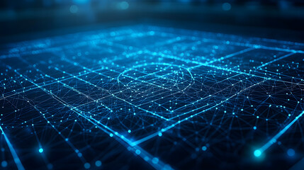 Fototapete - A mesmerizing, abstract field network of interconnected field blue lines and glowing nodes. Symbolizes futuristic technology, data structure or complex system. Abstract wireframe in dark blue.