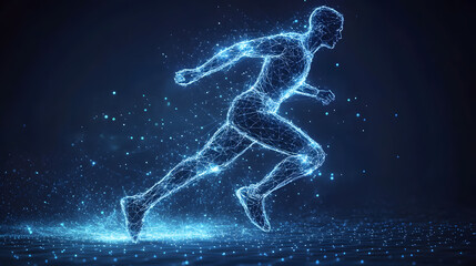 Leinwandbilder - Futuristic runner depicted in a dynamic wireframe. Glowing particles accentuate the movement, set against a dark blue background, implying speed and innovation. Abstract wireframe in dark blue