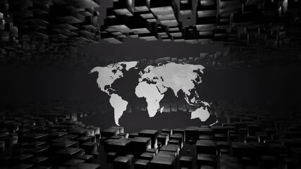 Sticker - digital world map surrounded by floating black 3d cubes in virtual space. futuristic abstract illust