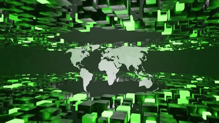 Sticker - digital world map surrounded by floating green and black 3d cubes in virtual space. futuristic abstr