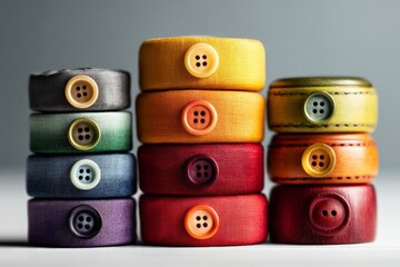 Poster - Colorful buttons arranged in a creative stack showcasing various fabrics and textures in a soft, well-lit setting
