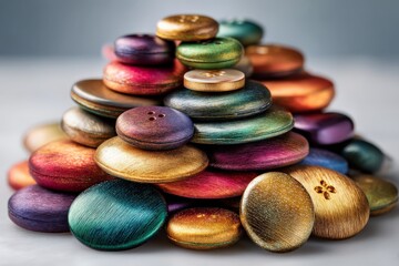 Aufkleber - Colorful wooden buttons arranged in a pyramid shape on a smooth surface in a well-lit setting