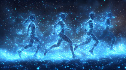 Fototapete - Futuristic figures race across a cosmic landscape. Luminous blue nets form runners, symbolizing speed, data, and human potential. Stars sparkle in the distance. Abstract wireframe in dark blue