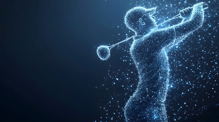 Poster - Futuristic golfer illustration capturing the intensity of the swing. A technological rendering creates an abstract yet dynamic composition, perfect for sports themes. Abstract wireframe in dark blue.