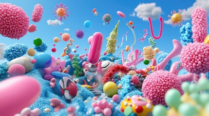 Poster - Abstract dreamy vision of viruses and cells in pastel blue and pink hues under microscope