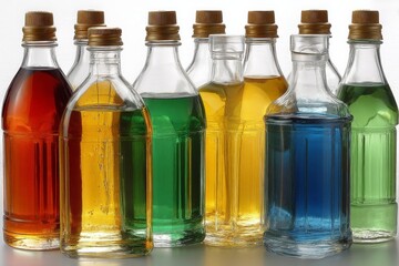 Poster - Colorful collection of glass bottles filled with various liquids displayed on a neutral background in bright lighting