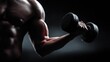 © Anat art - Strong Flexed Arm Holding Dumbbell in Spotlight Showcasing Muscle Definition in Gym Environment