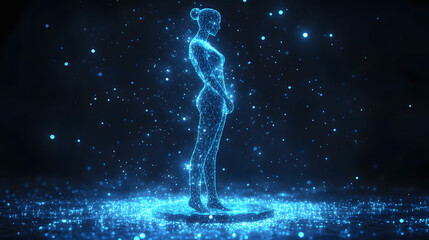 Fototapete - Futuristic wireframe woman stands on a glowing platform amidst digital particles. A captivating image representing technology, innovation, and the future. Abstract wireframe in dark blue