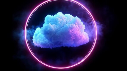 Wall Mural - cloud formation illuminated with blue and purple fluorescent light. dark environment with circle sha