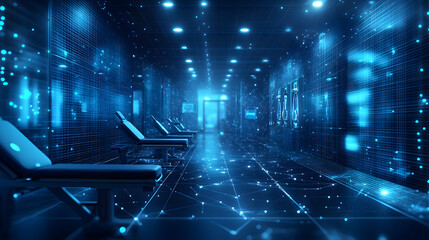 Leinwandbilder - Futuristic room with a blue digital design. Grid walls, glowing spheres, and lounge chairs create a technologically advanced feel. Doorways lead to bright spaces. Abstract wireframe in dark blue.