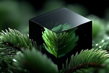 Poster - Glass cube reflecting lush green foliage among fresh evergreen branches in a serene environment