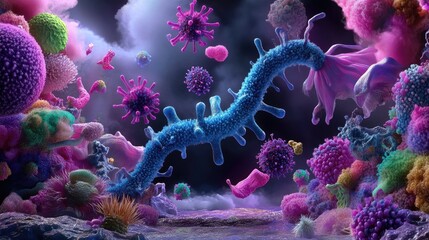 Poster - Fantasy microscopic landscape with vibrant blue and pink viruses swirling in soft light