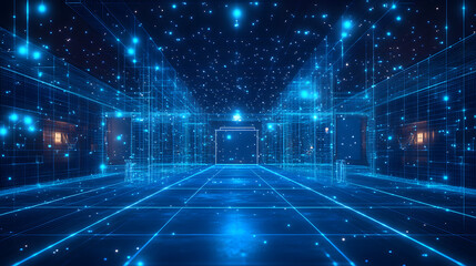 Fototapete - Step into a luminous, digital realm of glowing orbs and grid structures. This immersive virtual corridor offers a sense of depth and futuristic allure. Abstract wireframe in dark blue