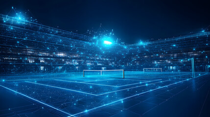 Fototapete - Futuristic tennis court visualization, glowing blue lines form the stadium and net. Evokes a sense of modern digital architecture. Perfect for tech or sports themes. Abstract wireframe in dark blue