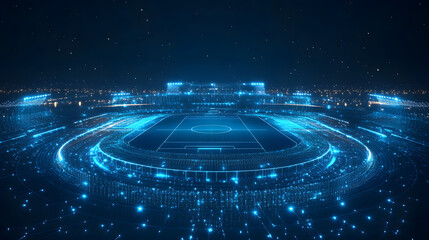 Leinwandbilder - Futuristic soccer stadium at night, rendered in a digital style with glowing blue lights outlining the structure. A neon-lit soccer field and stadium seating stand out. Abstract wireframe in dark blue