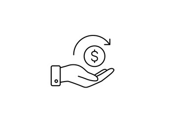 Money transfer with hand and dollar coin line art isolated on transparent background