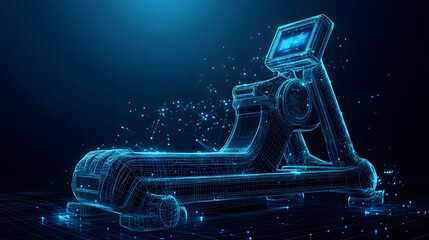 Leinwandbilder - Futuristic treadmill depicted as a glowing blue wireframe against a dark blue, grid-patterned background. A technological and modern feel with floating particles. Abstract wireframe in dark blue.