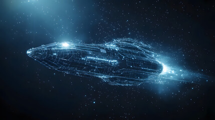 Fototapete - Futuristic spaceship soaring through a star-filled expanse. Glowing blue wireframe design emphasizes its sleek form, with bright propulsion exhaust. Abstract wireframe in dark blue