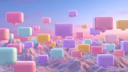 Wall Mural - colorful speech bubbles in a dreamy landscape with soft horizon