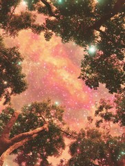 Wall Mural - trees framing a cosmic sky view looking up with vibrant colors and sparkling stars in a fantasy fore