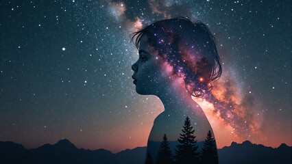 Wall Mural - Child's Imagination, Stars, and Pine Trees