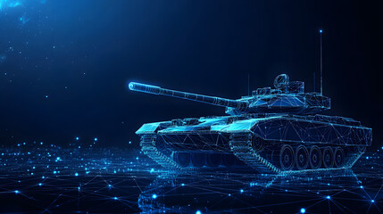 Leinwandbilder - Futuristic tank concept rendered as a glowing blue wireframe. Reflective grid surface and dark backdrop enhance the tech feel. Perfect for military technology themes. Abstract wireframe in dark blue