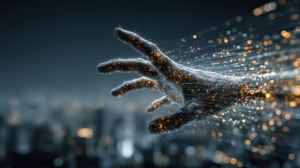 Wall Mural - human hand reaching out in digital transformation scene at night