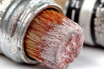 Poster - Close-up view of a paintbrush and tube in process of artwork creation at a cozy studio space