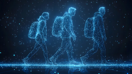 Fototapete - Futuristic wireframe figures walk in a digital space. Jackets and backpacks suggest travel in this simulation. The illuminated nodes create a reflective, virtual path. Abstract wireframe in dark blue