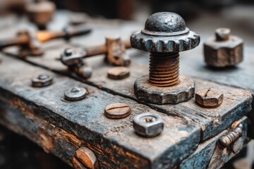 Leinwandbilder - Close-up of rusty mechanical hardware on a wooden workbench showcasing intricate details and textures