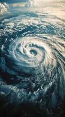 Wall Mural - Aerial View of Hurricane Swirling Above Ocean Waters Dramatic Weather Phenomenon Climate Change Storm Season from Above