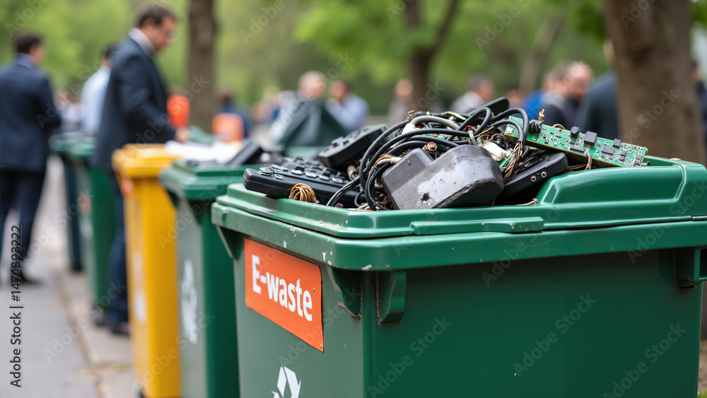 Green rubbish containers in the park collect e-waste and trash for ...