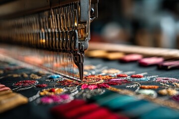 Aufkleber - Close-up view of embroidery machine stitching colorful floral patterns on fabric during textile craft in a workshop