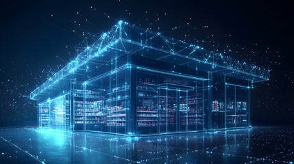 Aufkleber - Futuristic data center visualization with glowing blue wireframe architecture. Represents digital connectivity, data flow, and server infrastructure. Abstract wireframe in dark blue.