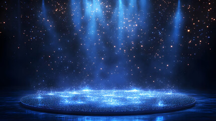 Leinwandbilder - Ethereal stage illuminated by countless blue lights under a starlit sky. Beams of blue enhance the magical atmosphere. Ideal for fantasy or abstract themes. Abstract wireframe in dark blue.