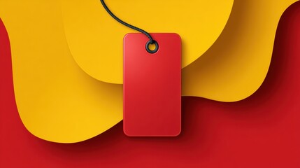 Fototapete - Glossy Red Price Tag on Vivid Yellow Abstract Shape Creating a Striking Contrast in a Minimalistic Design Setting