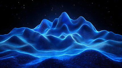 Fototapete - Abstract landscape of glowing blue dots forming hills under a starry sky. Digital rendering with a wireframe aesthetic creates a modern, ethereal scene. Abstract wireframe in dark blue.