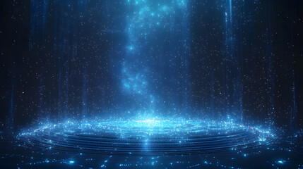 Fototapete - Futuristic scene with a radiant blue grid and energy burst. Vertical light beams enhance depth, creating a high-tech environment. Abstract wireframe in dark blue.