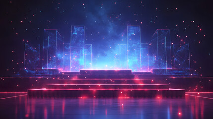 Fototapete - Futuristic digital city with wireframe buildings and red steps reflecting on a shiny surface. Blue and pink particle effects enhance the abstract scene. Abstract wireframe in dark blue
