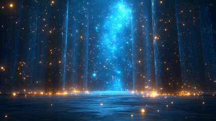 Aufkleber - Ethereal abstract composition featuring a radiant blue nebula surrounded by shimmering gold particles. Dark, textured vertical structures add depth. Abstract wireframe in dark blue.