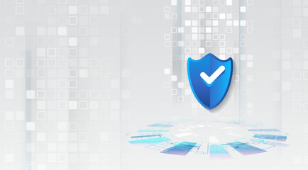 Leinwandbilder - Abstract technology gray background with blue shield. Concept of cybersecurity, protection and safety of digital data. Protection of websites and information arrays. Network protection