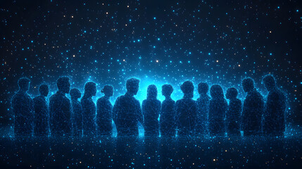 Fototapete - Abstract depiction of interconnected individuals, represented as glowing blue lines and points. A digital network of people against a dark, starlit background. Abstract wireframe in dark blue.