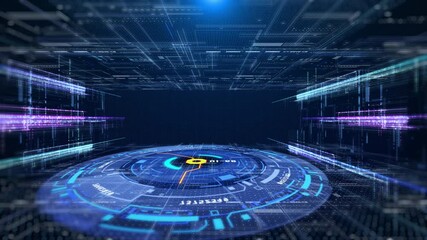 Fototapete - HUD GUI hologram circle rotating with data flowing connection technology system. Futuristic digital network processing information 4K motion background.