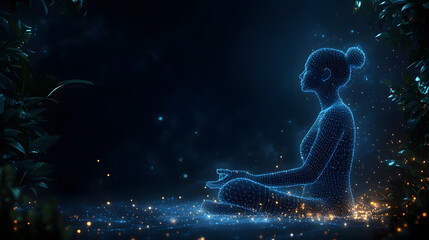 Aufkleber - Meditative figure in lotus position, formed by glowing blue lines amidst lush leaves and ethereal particles. Dark background enhances the mystical scene. Abstract wireframe in dark blue.