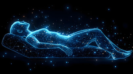 Fototapete - Abstract wireframe human figure glowing on a dark surface. Blue-white points illuminate the form, creating a futuristic and ethereal scene. Abstract wireframe in dark blue