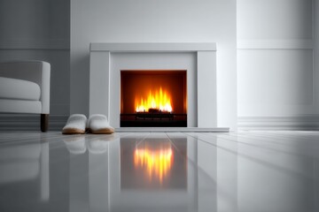 Aufkleber - Warm glow from a fireplace illuminates a cozy room with white decor and soft slippers on polished floor