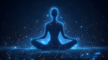 Fototapete - Futuristic digital figure meditating in a cross-legged pose. Glowing blue network creates a spiritual, ethereal feel. Serene wireframe conveys technology and peace. Abstract wireframe in dark blue