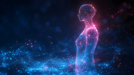 Fototapete - Futuristic digital human rendering. Glowing particles form a wireframe body against a dark background. Pink and blue hues create a tech-driven, abstract visual. Abstract wireframe in dark blue